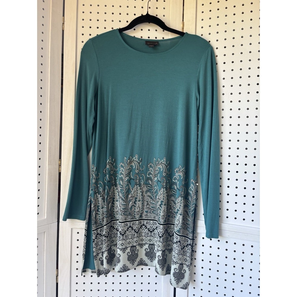 J. Jill Wearever Women's XS Teal Green Paisley Long SLV Tunic Stretch Blouse